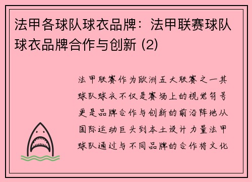 法甲各球队球衣品牌：法甲联赛球队球衣品牌合作与创新 (2)