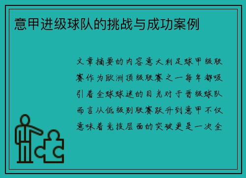 意甲进级球队的挑战与成功案例